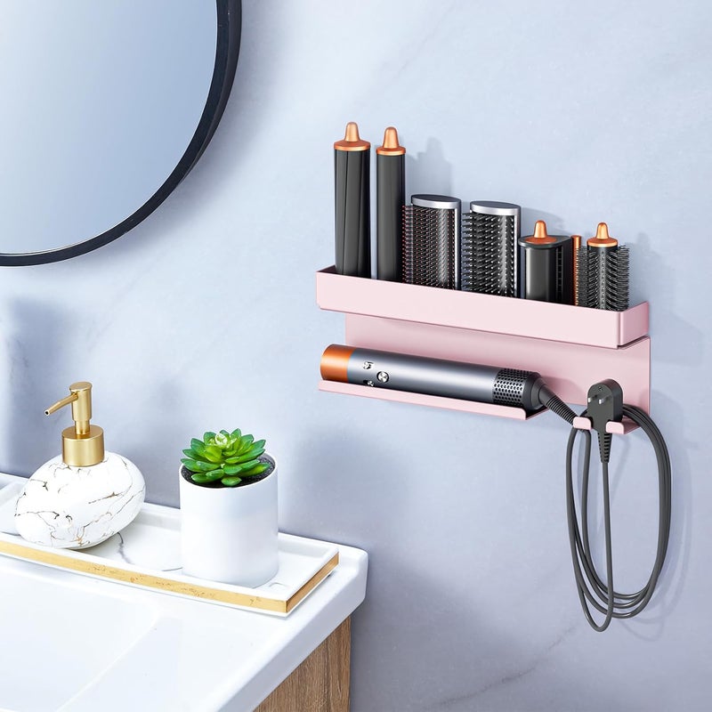 Oukimly Store حامل مجفف الشعر للتخزين لملحقات مكواة التجعيد، منظم أدوات الشعر للتثبيت على الحائط، حامل مكواة التجعيد، حامل مكواة الشعر في الحمام لملحقات مصفف الشعر، ذهب وردي - Image 3